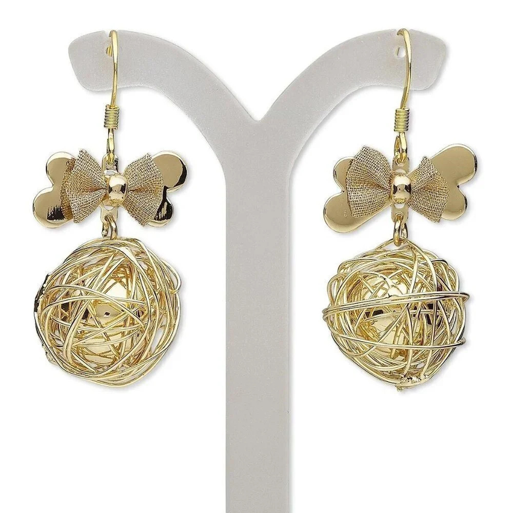 Quirky Gold Wire Jumble Ball and Mesh Bow Dangle Earrings - Picture 2 of 2